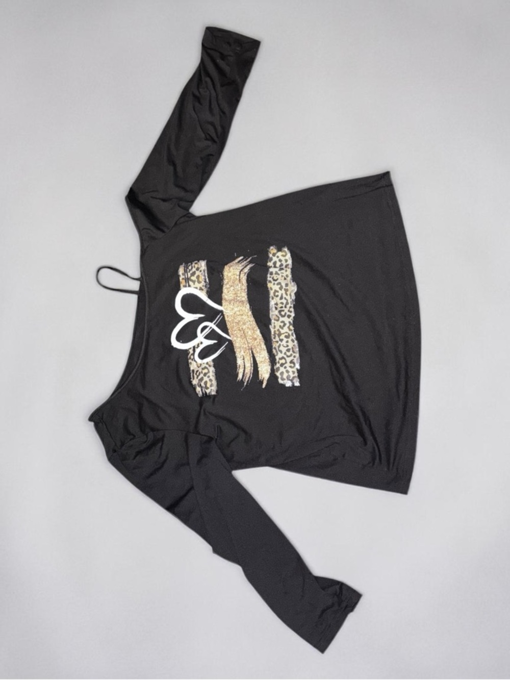SHEIN Black Long-Sleeve Graphic Tee with Gold Foil & Leopard Stripes